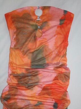 Strapless Orange Tie-Dye Ruched Tube Top with Gem Accents